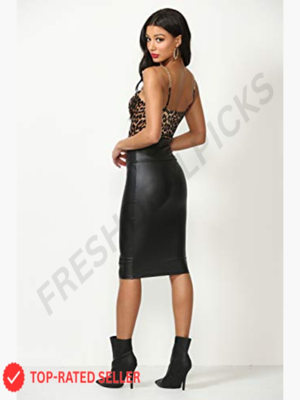 Faux Leather Pencil Skirt Midi High Rise Tummy Control Pull On Stretchy - Picture 4 of 6